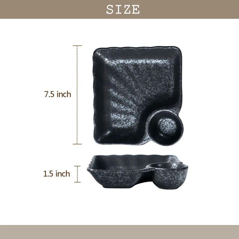 FYUEROPA Ceramic Dumpling Plate with Dipping Saucer Sushi Dish Serving Plate Chips and Snack Plate 75 Inch  Set of 2 Black - Image 2