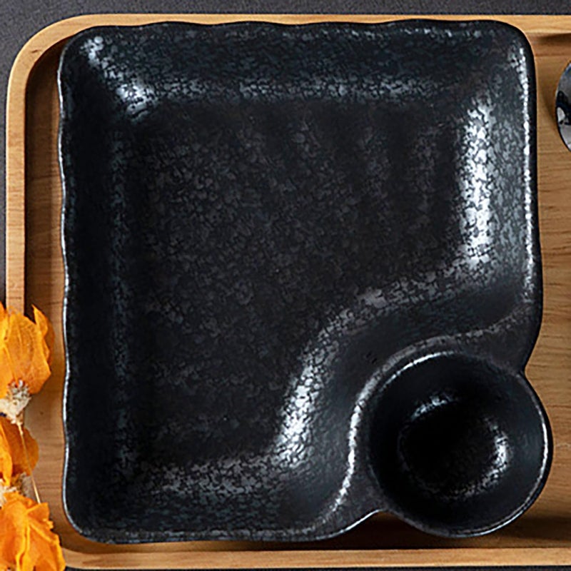 FYUEROPA Ceramic Dumpling Plate with Dipping Saucer Sushi Dish Serving Plate Chips and Snack Plate 75 Inch  Set of 2 Black - Image 4