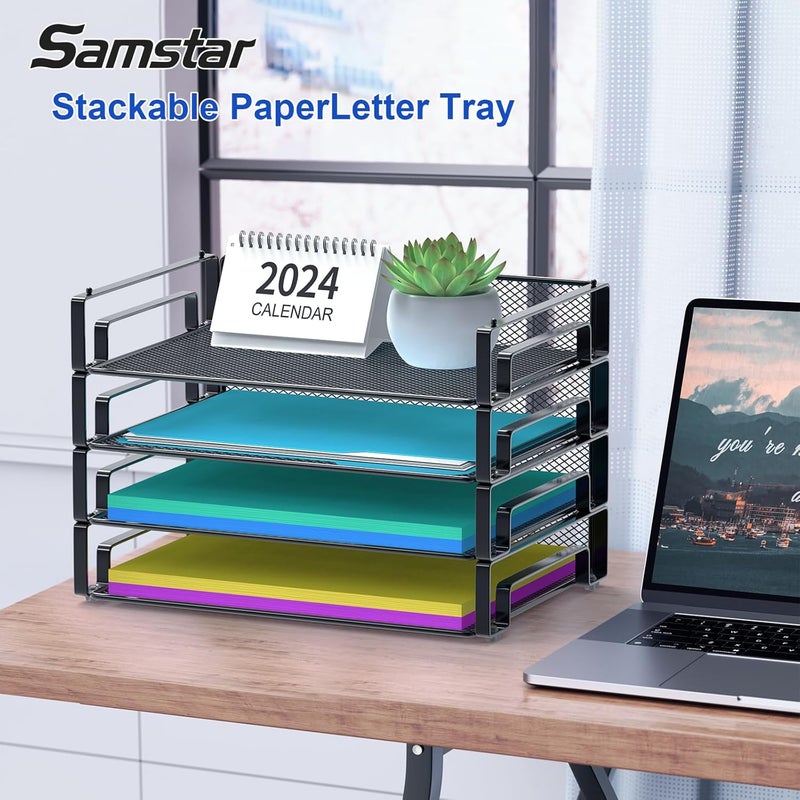 Samstar 4 Pack Stackable Letter Paper Tray, Desk File Organizer Paper Sorter for Letter/A4 Size Folders Documents, Mesh Made - Image 2