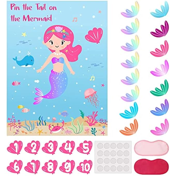 EXCEFORE PARTY SUPPLIES,PIN THE TAIL ON THE MERMAID,UNDER THE SEA PARTY GAMES DECORATION,LARGE POSTER WITH 24PCS TAIL STICKERS FOR KID'S PARTY GAME - Image 4