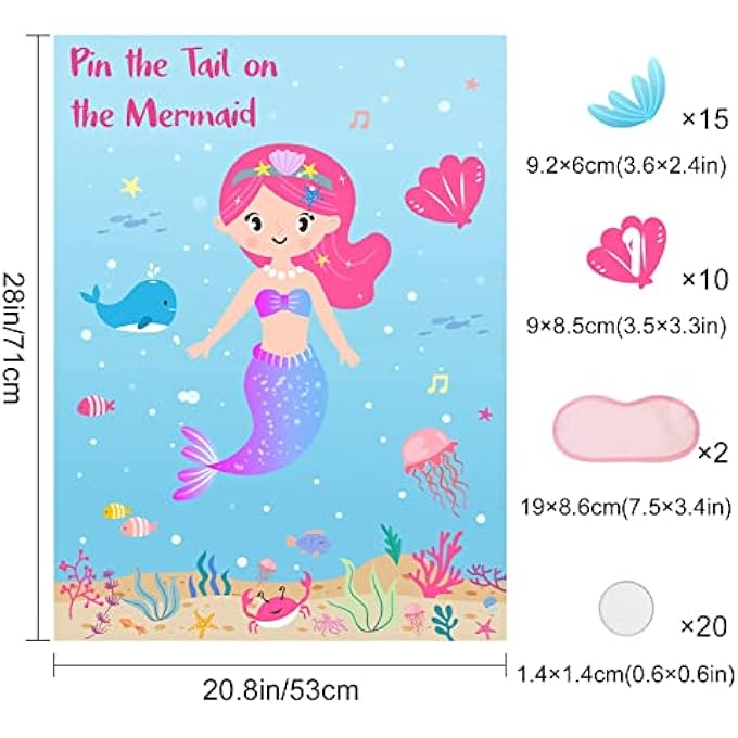 EXCEFORE PARTY SUPPLIES,PIN THE TAIL ON THE MERMAID,UNDER THE SEA PARTY GAMES DECORATION,LARGE POSTER WITH 24PCS TAIL STICKERS FOR KID'S PARTY GAME - Image 3