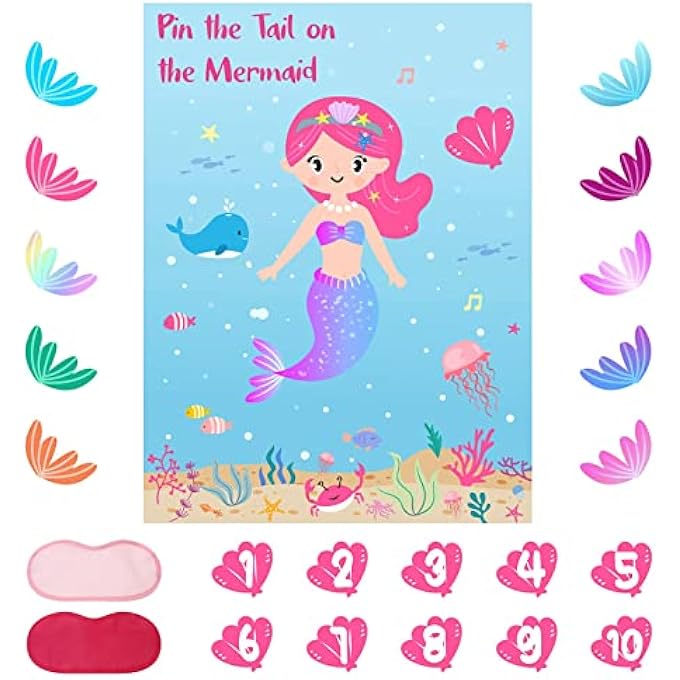 EXCEFORE PARTY SUPPLIES,PIN THE TAIL ON THE MERMAID,UNDER THE SEA PARTY GAMES DECORATION,LARGE POSTER WITH 24PCS TAIL STICKERS FOR KID'S PARTY GAME - Image 1