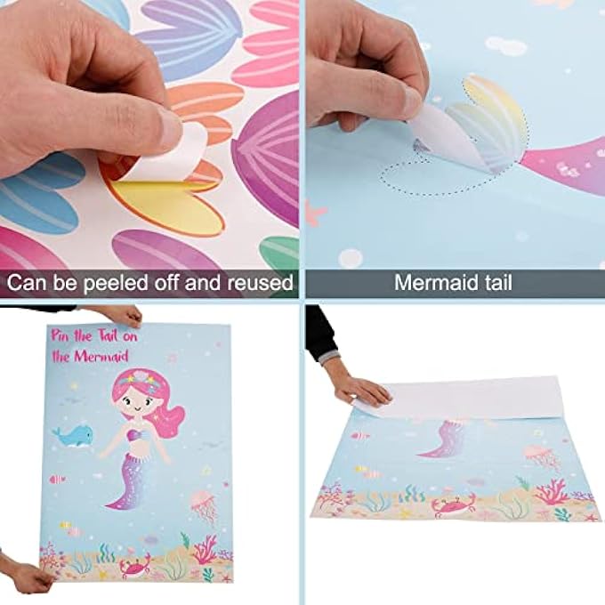 EXCEFORE PARTY SUPPLIES,PIN THE TAIL ON THE MERMAID,UNDER THE SEA PARTY GAMES DECORATION,LARGE POSTER WITH 24PCS TAIL STICKERS FOR KID'S PARTY GAME - Image 5