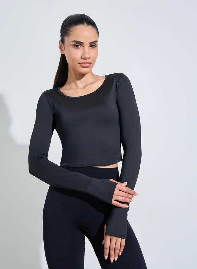 Black Long Sleeve Thumbhole Active Crop Top