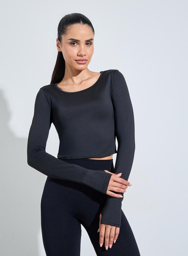 Styli Active Black Long Sleeve Thumbhole Active Crop Top - Image 1
