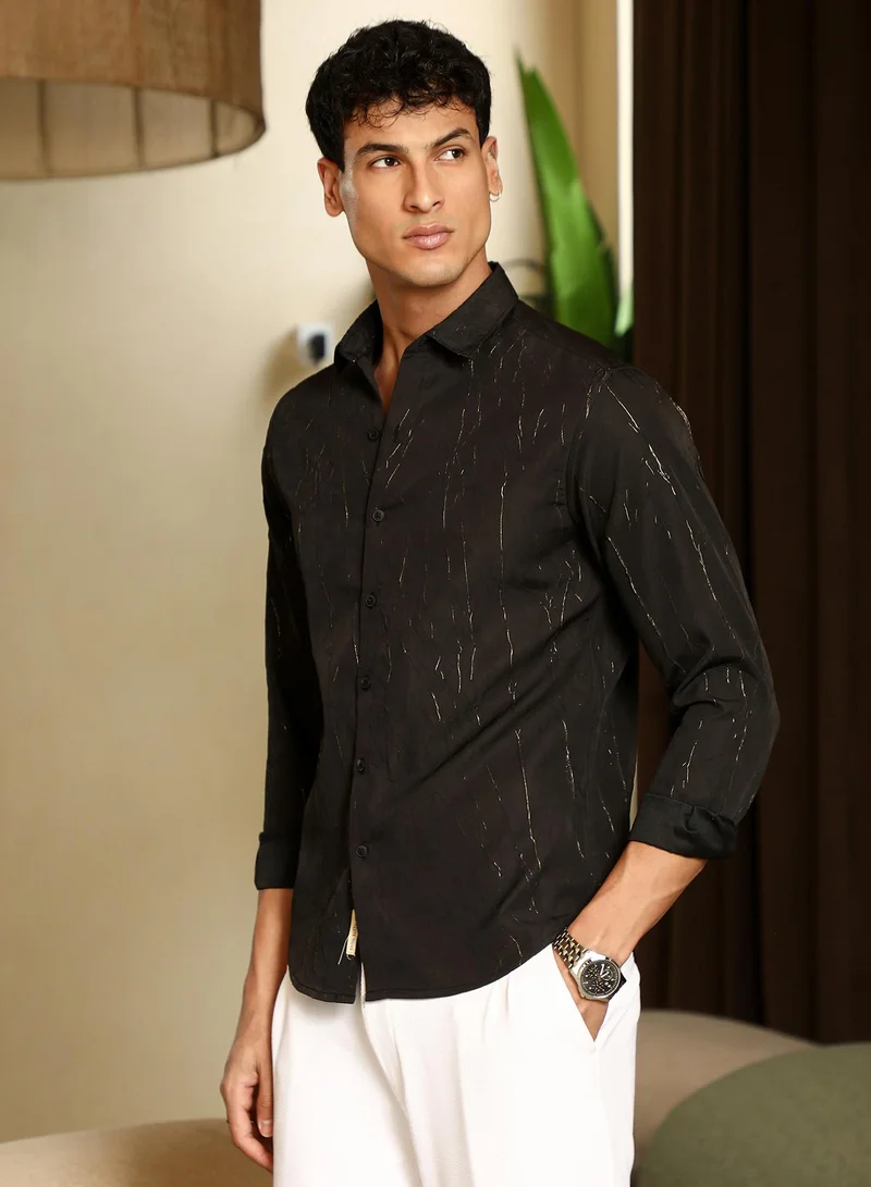CAHOOT  Men's Onyx Black Metallic-Crushed Textured Shirt for Men | Best Price UAE