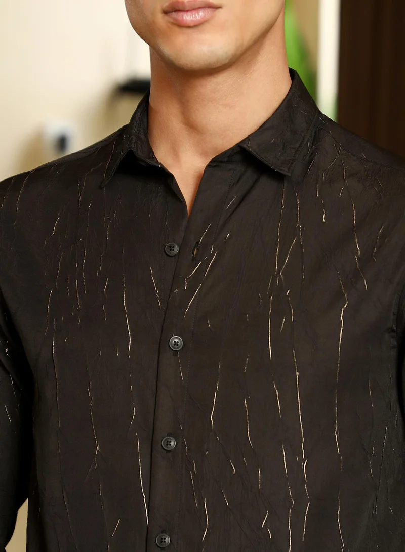 CAHOOT  Men's Onyx Black Metallic-Crushed Textured Shirt for Men | Best Price UAE