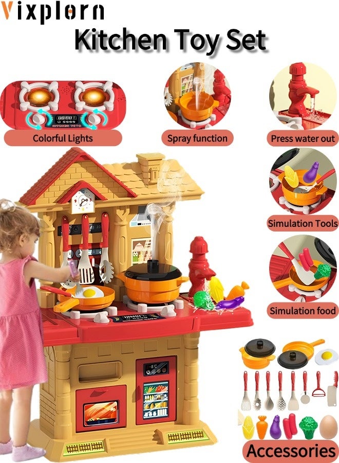 Vixplorn Children's pretend kitchen toy set, including 31 accessories + simulation kitchen * 1, simulation spray kitchenware, with sound and light effects, children's kitchen toys, children's gifts, - Image 1