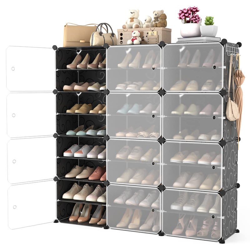 WEXCISE Portable Shoe Rack Organizer with Door, 48 Pairs Shoe Storage Cabinet Easy Assembly, Plastic Adjustable Shoe Organizer Stackable Detachable Free Standing Shoe Rack DIY Expandable 8 Tier Black - Image 1