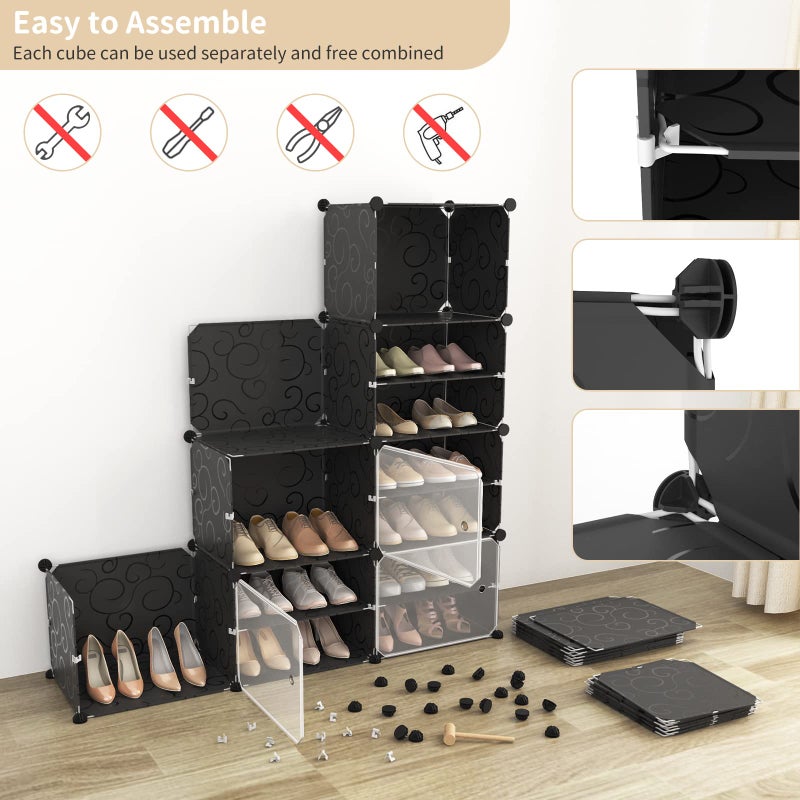 WEXCISE Portable Shoe Rack Organizer with Door, 48 Pairs Shoe Storage Cabinet Easy Assembly, Plastic Adjustable Shoe Organizer Stackable Detachable Free Standing Shoe Rack DIY Expandable 8 Tier Black - Image 5
