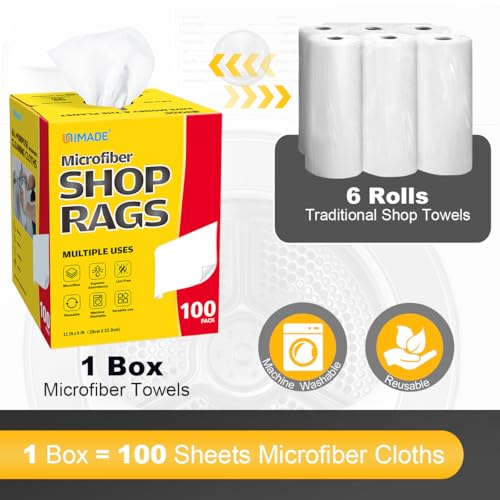 UNIMADE Shop Rags, 100 Sheets Microfiber Cleaning Cloth Commercial Grade Washcloths Lint-Free Bulk Shops Towels for Cars Mechanic Restaurant Garage Housekeeping, 11"x 9", White - Image 2