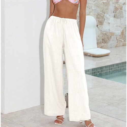 Duyang Womens Cotton Linen Palazzo Pants Drawstring Elastic Waist Casual Wide Leg Trousers with Pockets(Apricot,L) - Image 2