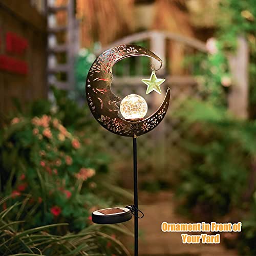 Hapjoy Solar Lights Outdoor Decor Moon Lantern for Patio,Lawn or Pathway Moon Decorations Crackle Glass Globe Stake Metal Lights Waterproof Warm LED Garden Gifts (Bronze) - Image 5