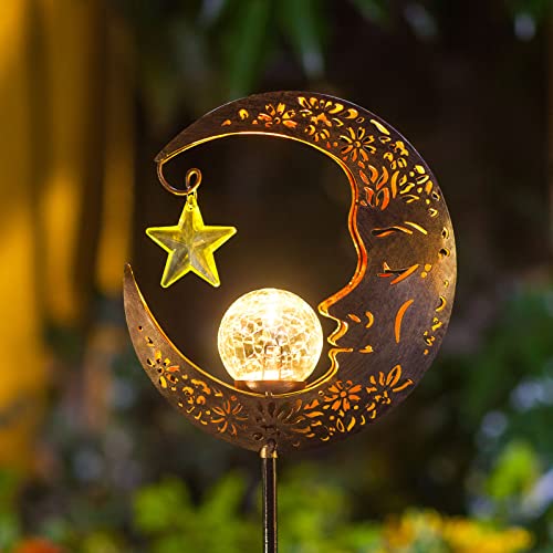 Hapjoy Solar Lights Outdoor Decor Moon Lantern for Patio,Lawn or Pathway Moon Decorations Crackle Glass Globe Stake Metal Lights Waterproof Warm LED Garden Gifts (Bronze) - Image 1