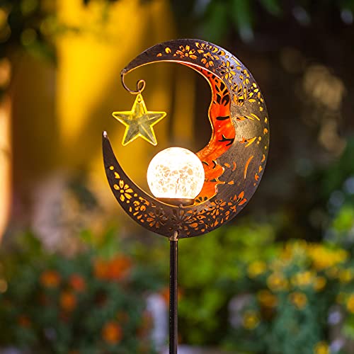 Hapjoy Solar Lights Outdoor Decor Moon Lantern for Patio,Lawn or Pathway Moon Decorations Crackle Glass Globe Stake Metal Lights Waterproof Warm LED Garden Gifts (Bronze) - Image 3