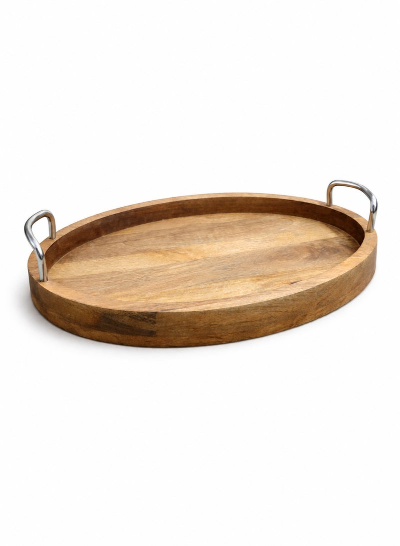 Aanya Homecraft Premium Oval Acacia Wood Serving Tray with Metal Handles 33cm – Walnut Finish, Handcrafted Luxury Coffee Table & Dining Tray for Snacks, Drinks & Elegant Hosting - Image 1
