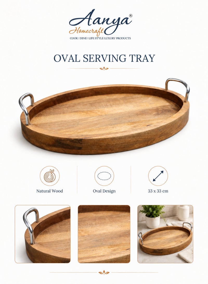 Aanya Homecraft Premium Oval Acacia Wood Serving Tray with Metal Handles 33cm – Walnut Finish, Handcrafted Luxury Coffee Table & Dining Tray for Snacks, Drinks & Elegant Hosting - Image 2
