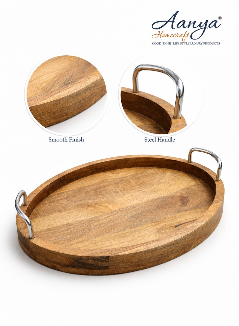 Aanya Homecraft Premium Oval Acacia Wood Serving Tray with Metal Handles 33cm – Walnut Finish, Handcrafted Luxury Coffee Table & Dining Tray for Snacks, Drinks & Elegant Hosting - Image 3
