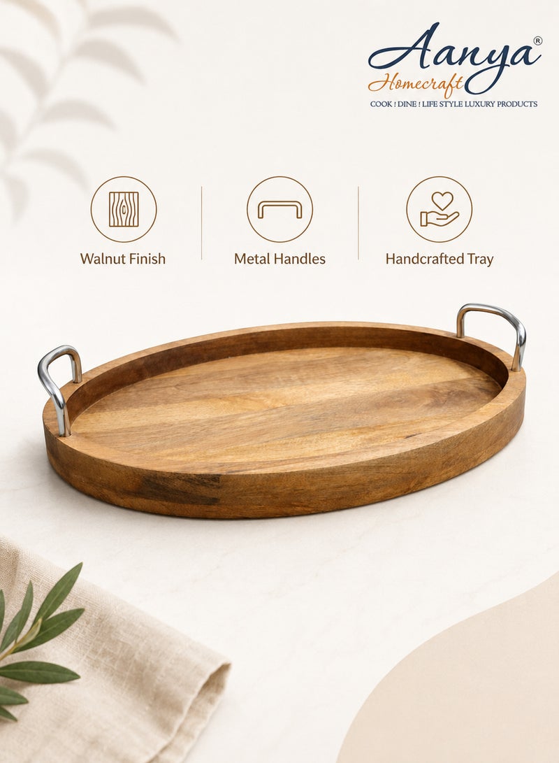 Aanya Homecraft Premium Oval Acacia Wood Serving Tray with Metal Handles 33cm – Walnut Finish, Handcrafted Luxury Coffee Table & Dining Tray for Snacks, Drinks & Elegant Hosting - Image 4