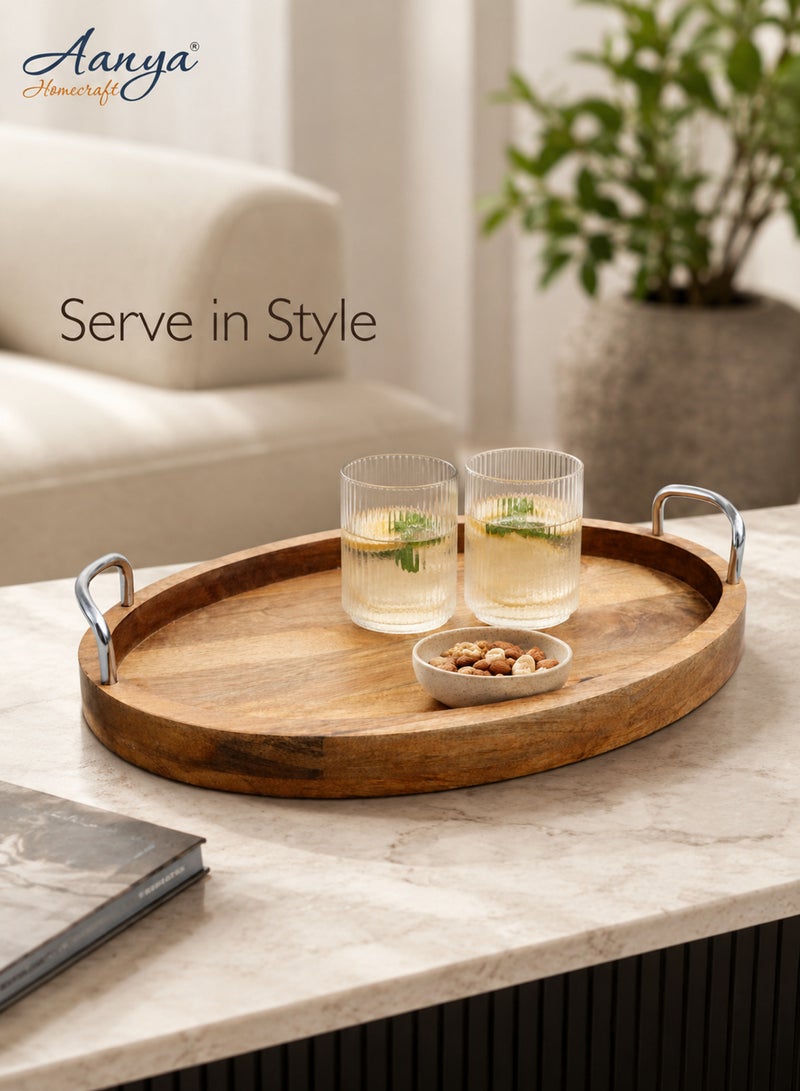 Aanya Homecraft Premium Oval Acacia Wood Serving Tray with Metal Handles 33cm – Walnut Finish, Handcrafted Luxury Coffee Table & Dining Tray for Snacks, Drinks & Elegant Hosting - Image 5