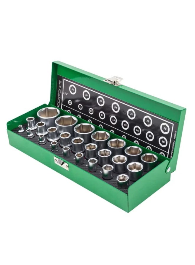 ROCKFORCE Set of 1/4", 1/2" sockets, 25 pcs. (6 
gr.) (1/2": 
10,11,12,13,14,15,16,17,18,19,21,22,
24,27,30,32 mm. 1/4": 4.5, 
6,7,8,9,10,12,13 mm.) in a metal 
case - Image 2