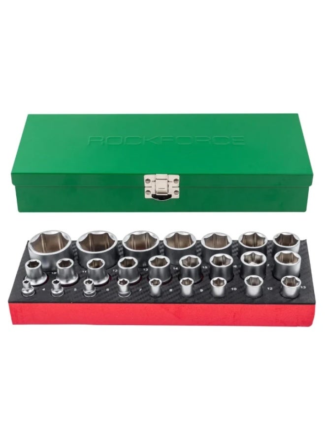 ROCKFORCE Set of 1/4", 1/2" sockets, 25 pcs. (6 
gr.) (1/2": 
10,11,12,13,14,15,16,17,18,19,21,22,
24,27,30,32 mm. 1/4": 4.5, 
6,7,8,9,10,12,13 mm.) in a metal 
case - Image 3