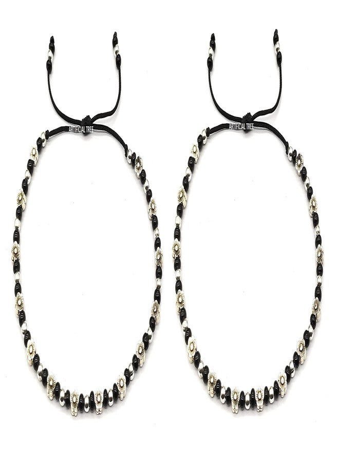 ARTIFICIAL TREE German Silver FLOWER Charms Black Thread Adjustable Nazariya Anklets | Nazar Battu | for Women and Girls (AT ANK 062) - Image 2