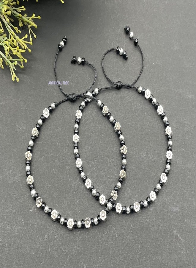 ARTIFICIAL TREE German Silver FLOWER Charms Black Thread Adjustable Nazariya Anklets | Nazar Battu | for Women and Girls (AT ANK 062) - Image 4