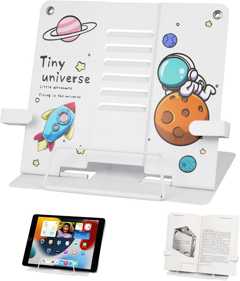 TARKAN Metal Book Stand, Adjustable 6-Height Reading Stand with Anti-Skid Base, Space Theme Design, 51 cm Expandable (White) - Image 1