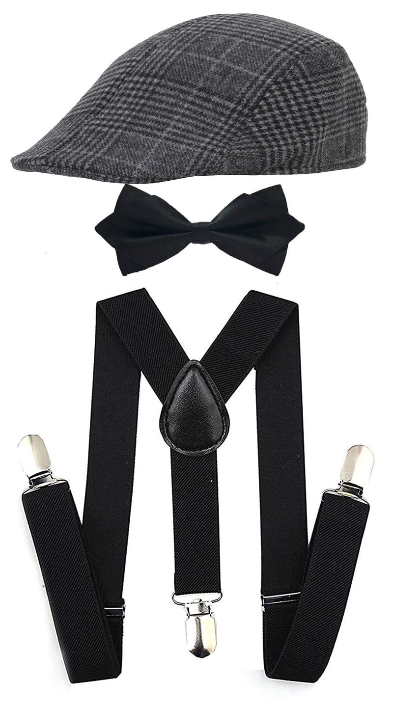 RR DESIGN Black Suspender and Diamond Neck Bow Tie Set with Irish/Golf Flat Cap for Men - Image 1