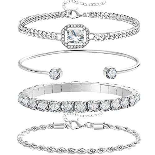 17IF 4 Pcs Dainty Silver Bracelets Set for Women 14K Plated Link Cubic Zirconia Paperclip Stack Layering Chain Adjustable Trendy Hand Jewelry (Silver) - Image 1