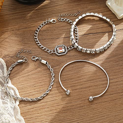 17IF 4 Pcs Dainty Silver Bracelets Set for Women 14K Plated Link Cubic Zirconia Paperclip Stack Layering Chain Adjustable Trendy Hand Jewelry (Silver) - Image 5