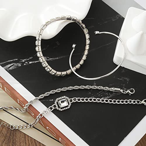 17IF 4 Pcs Dainty Silver Bracelets Set for Women 14K Plated Link Cubic Zirconia Paperclip Stack Layering Chain Adjustable Trendy Hand Jewelry (Silver) - Image 4