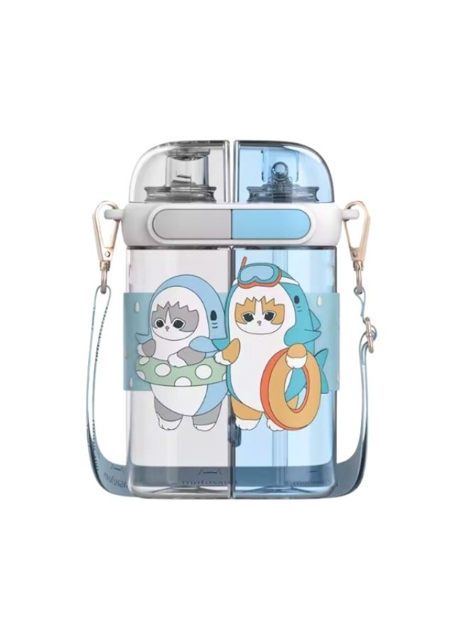 Mofusand Kids Water Bottle with Cartoon Cat Design, Dual Chamber, Portable Strap, Blue  - Image 1
