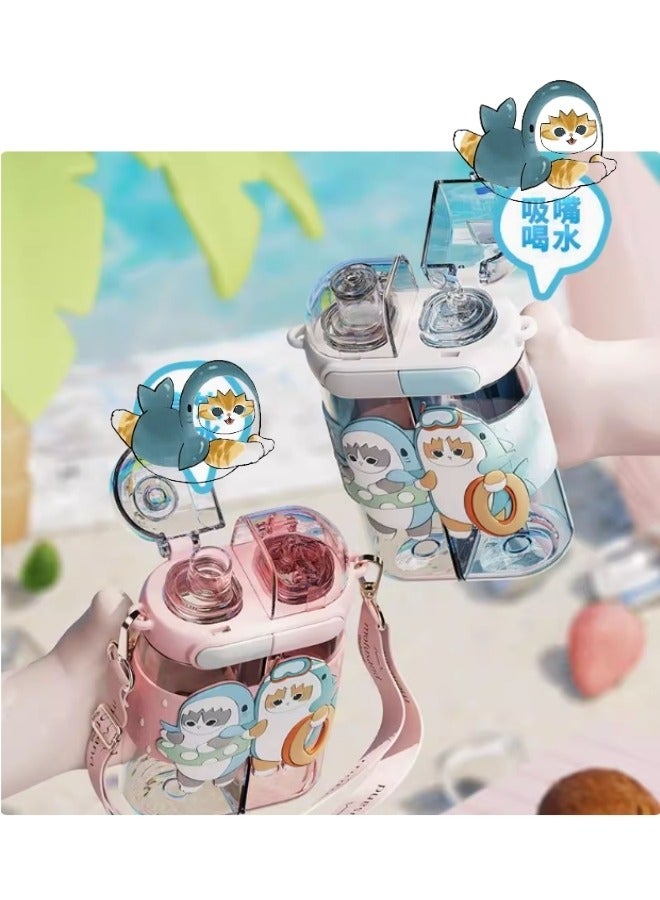 Mofusand Kids Water Bottle with Cartoon Cat Design, Dual Chamber, Portable Strap, Blue  - Image 2