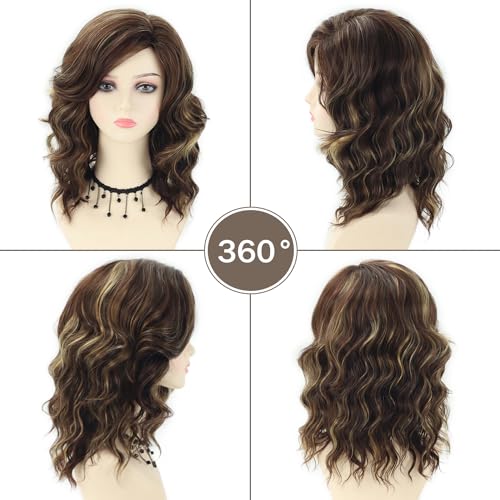 SEVENCOLORS Medium Length Brown Wigs for White Women Natural Curly Hair Brown Blonde Wig Synthetic Wavy Layered Womens Wigs - Image 3
