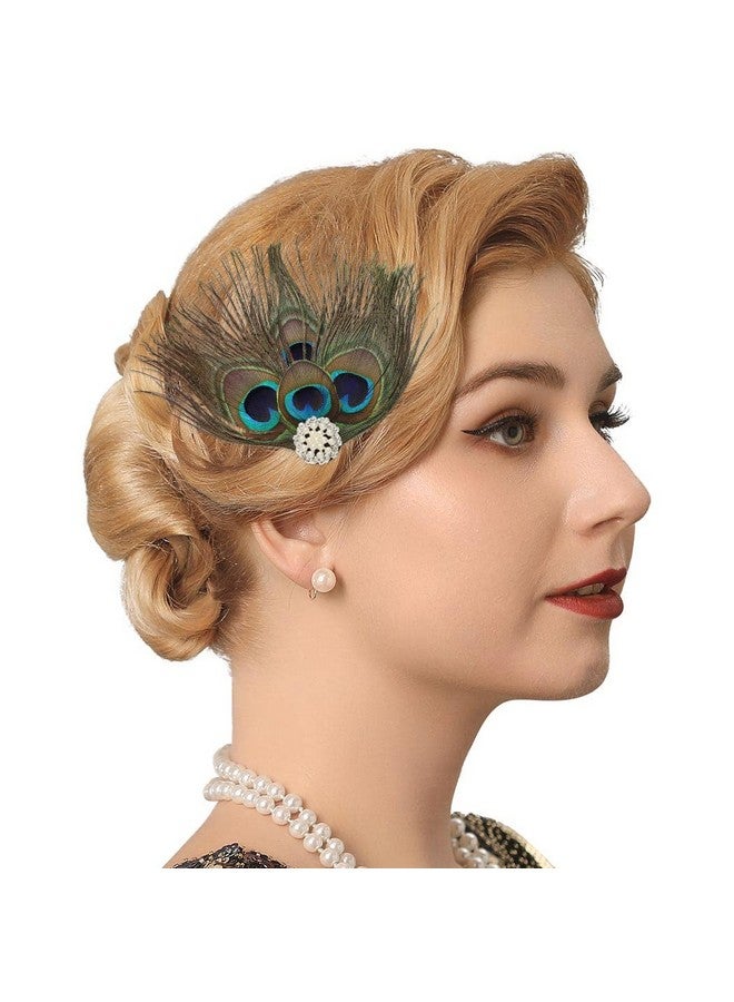 GENBREE Enbree 1920S Flapper Headband Peacock Feather Hair Clip Rhinestone Gatsby Feather Headpiece Cocktail Hair Accessories For Women And Girls (Style 1)  - Image 2