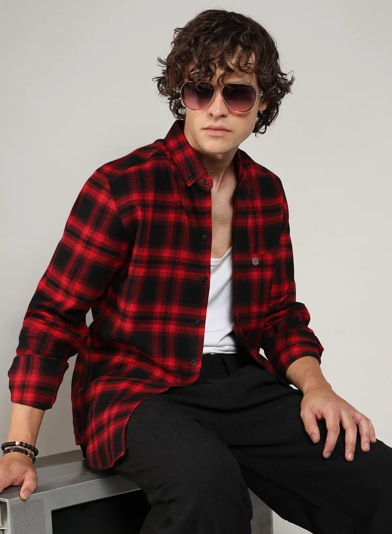 Campus Sutra Men's Midnight Black & Scarlet Red Brushed Buffalo Check Shirt