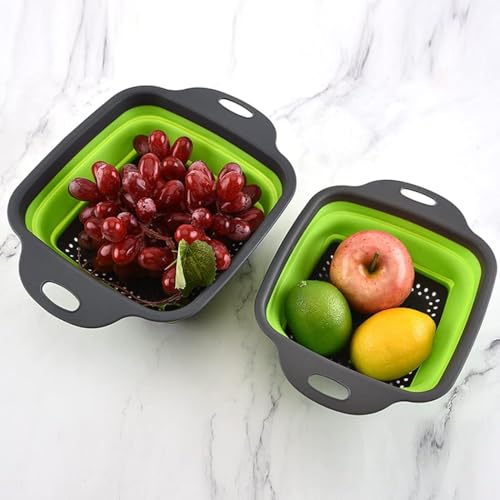we3 Set of 2 pcs Foldable Silicone Colander Fruit Vegetable Washing Basket Strainer Collapsible Drainer with Handle Kitchen Tool. (Green) - Image 3