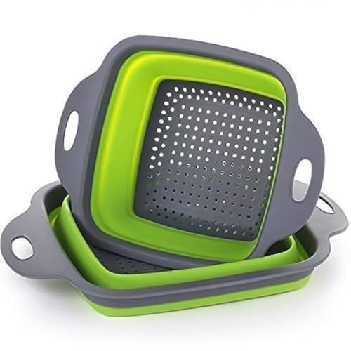 we3 Set of 2 pcs Foldable Silicone Colander Fruit Vegetable Washing Basket Strainer Collapsible Drainer with Handle Kitchen Tool. (Green) - Image 1