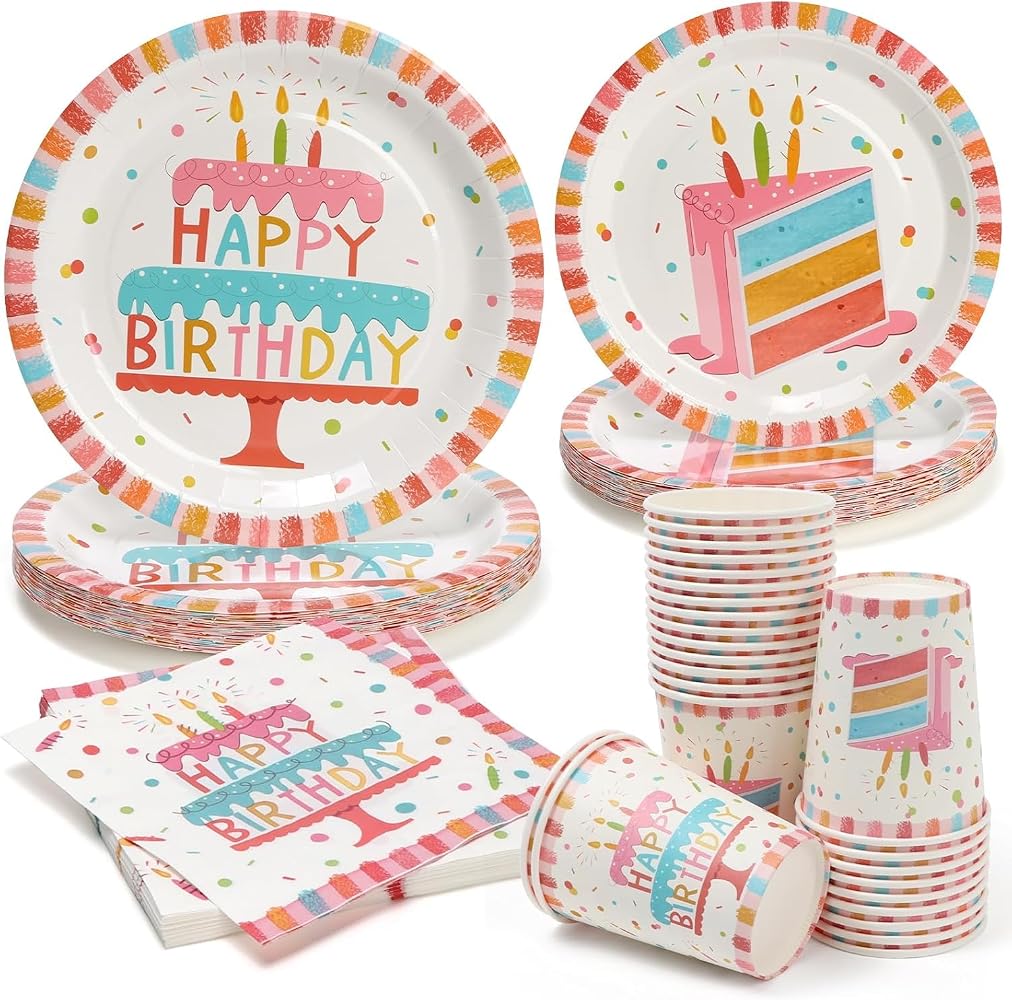KASTWAVE Birthday Party Tableware Set, Cake Pattern Plates, Cups, and ...
