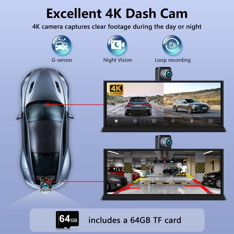 Jansite 11.26" Largest Car Tablet Pro Max 2025 Carplay Screen for Car 4K Dash Cam 350Â° Rotatable Cameraã€Cust-omized Bracketã€‘ Apple Car Play & Android Auto Screen w Bluetooth Audio Mirror Link Video - Image 5
