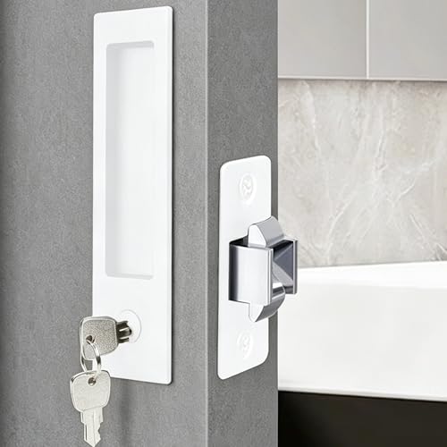 Dontay Pocket Door Handle Modern Rectangular Keyed Entry Function BedBath Pull Latch Recessed Sliding Door Hardware for 1 38 to 2 316 Thickness Keyed Entry Lock White 1 Pack - Image 1