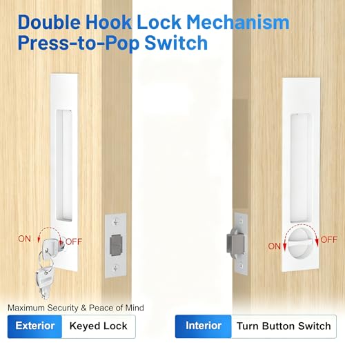 Dontay Pocket Door Handle Modern Rectangular Keyed Entry Function BedBath Pull Latch Recessed Sliding Door Hardware for 1 38 to 2 316 Thickness Keyed Entry Lock White 1 Pack - Image 3