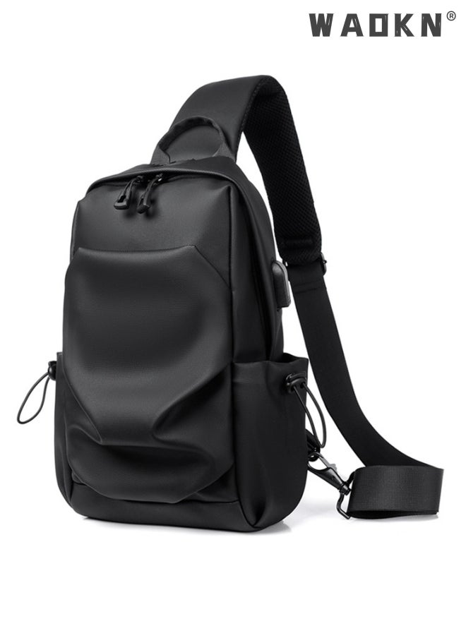 WAOKN Crossbody Backpack, Lightweight Shoulder Bag Men Women Adjustable Strap Backpack Chest Bag Water Resistant Small Shoulder Backpack with USB Charger Port, for Outdoor Hiking, Traveling, Cycling Black  - Image 1