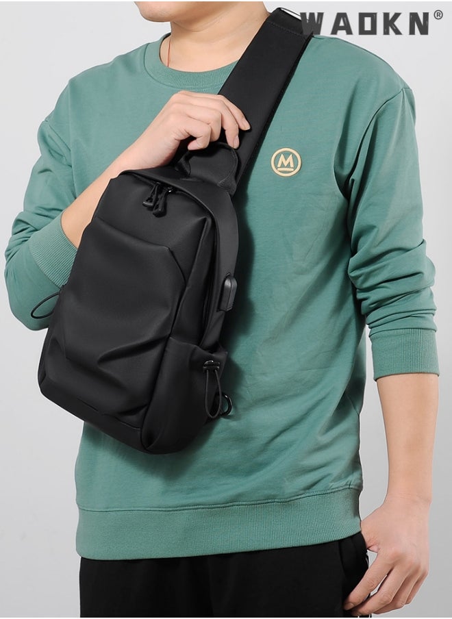 WAOKN Crossbody Backpack, Lightweight Shoulder Bag Men Women Adjustable Strap Backpack Chest Bag Water Resistant Small Shoulder Backpack with USB Charger Port, for Outdoor Hiking, Traveling, Cycling Black  - Image 2