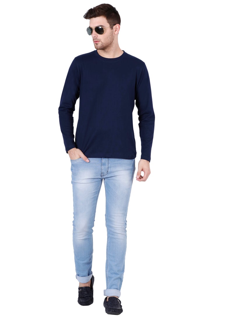 RSO Outfits - Navy Blue Men's Cotton Round Neck Full Sleeve Tshirt - Image 1