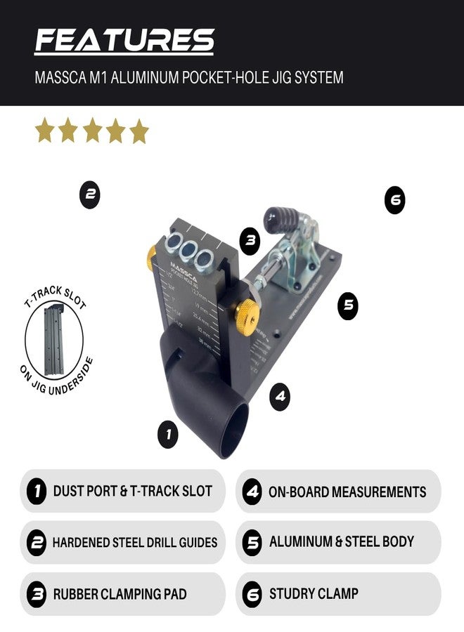 Massca Pocket Hole Jig Kit M1 - Adjustable & Easy to Use Pocket Screw Jig - Heavy Duty Drill Jig for Angled Holes with Drill Bit, Pocket Self Tapping Screws &Driver Bit, - Image 2