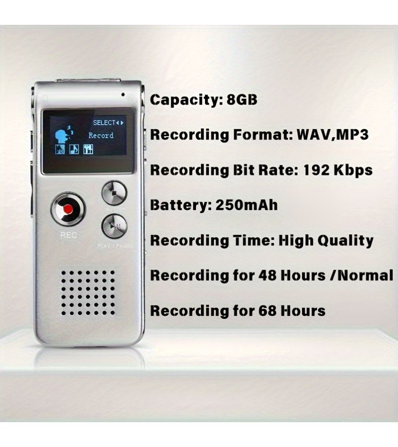 مسجل صوت رقمي متعدد الوظائف فضي بسعة 8 جيجابايت، مشغل MP3، بطارية تدوم 650 ساعة - Image 3