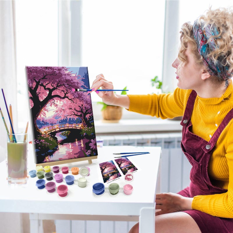 Jooz Paint By Numbers Kit For Adults With Frame Moon Paint By Number With Easel Tree Adult Paint By Number Kits Framed Canvas Mountain Waterfall Oil Painting Kits For Gift Home Wall Decor 8X12 Inch - Image 5